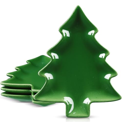 FillTouch 4 Pcs 5.91'' Christmas Tree Ceramic Plates Xmas Candy