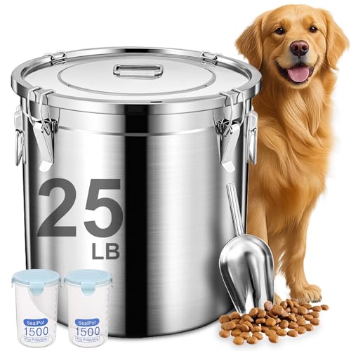 Newget Dog Food Storage Containers, Large Stainless Steel Pet Food Storage Containers 25 lb / 11.5 kg to Keep Fresh, Metal Airtight Cat Food Containers With Scoop and 2 Small Containers