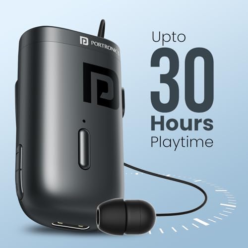 Image of Portronics Harmonics Klip 6 Retractable Bluetooth Calling Earphone with Upto 30 Hour Playback, Vibration Prompt, Strong Clip, HD Clarity Mic, Bluetooth V5.3, Type C Fast Charging(Black)