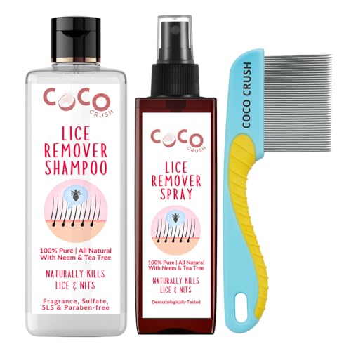Image of Coco Crush Natural Lice Treatment Kit | Ayurvedic Anti-Lice Shampoo, Herbal Lice Spray & Long Handle Comb | 100% Natural, Safe & Chemical-Free | Kills Lice & Nits | Gentle for Kids & Adults (200ml(2x100ml) + Comb)