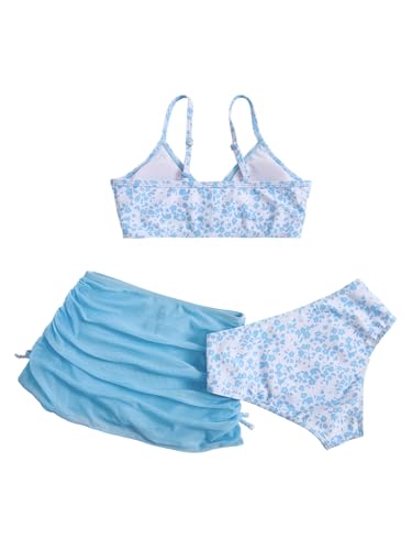 Image of COZYEASE Girls' 3 Piece Set Floral Print Bikini Swimsuit with Drawstring Beach Skirt Cute Ruched Bathing Suit