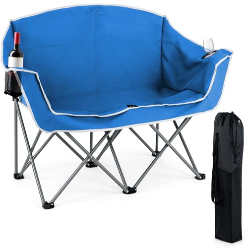 Goplus Double Camping Chair, Folding 2-Person Couch w/2 Cup Holders, Dual Back Pockets, Heavy-Duty Metal Frame, Oversized Duo Lawn Chair for Adults, Perfect for Backyard, Patio(Blue)