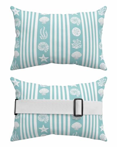 Turquoise Coastal Outdoor Beach Pool Lounge Chair Head Throw Pillow Covers 12x20 With Insert And Elastic Stripe Set of 2,Lumbar Cushion Pillow Cases,Starfish Shells Jellyfish Coral Geometric Striped