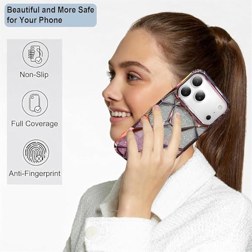 Image of VONZEE Gradient Glitter Back Cover Case Compatible with iPhone 17 Pro, Luxury Electroplated 3D Cube, Diamond Bling Shiny Soft TPU Clear Shockproof Women Girls Protective Phone Cover (Rose Gold)