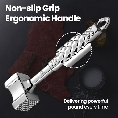 Stainless Steel Meat Tenderizer Tool, Premium Meat Mallet with Non-Slip Grip, Dual-Sided Kitchen Mallet Ideal for Tenderizing Steak, Poultry & Chicken Cutlet, Dishwasher Safe with 5-Year Warranty