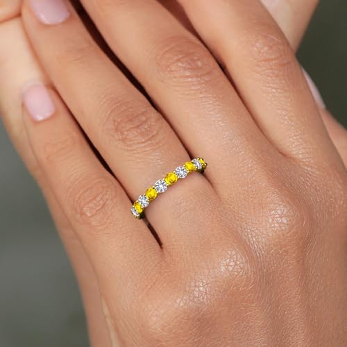 Gem Stone King 1.34 Cttw Round Yellow Sapphire and White Created Sapphire 18K Yellow Gold Plated Silver Eternity Band Ring For Women | Gemstone Birthstone | Available In Size 5, 6, 7, 8, 94