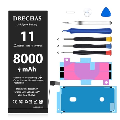 Drechas [8000Mah] Battery For Iphone 11, Upgraded High Capacity 0 Cycle Li-Polymer Replacement Battery For Iphone 11 Models A2111, A2221, A2223 With Complete Professional Repair Tool Kit cover