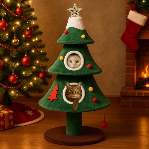 LUCKLIFE 52" Christmas Cat Tree with 2 Cozy Houses,Indoor Modern Cat Tower with Anti-Tip Kit,Plush Perches & Hanging Balls,Holiday Cat Climbing Furniture for Kittens to Play and Sleep