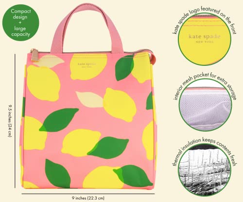 Kate Spade New York Cute Lunch Bag For Women, Large Capacity Lunch Tote, Pink Adult Lunch Box With Silver Thermal Insulated Interior Lining And Storage Pocket, Lemon Toss #TOP3