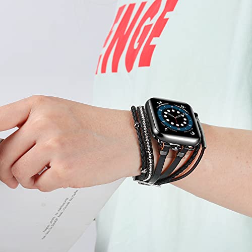 WONMILLE Posh Leather Bands Compatible with Apple Watch 41mm 40mm 38mm 45mm 44mm 42mm 49mm Women, Boho Bracelets Jewelry Multilayer Wrap Strap for iwatch Series Ultra 10 9 8 7 6 5 4 3 2 1 SE