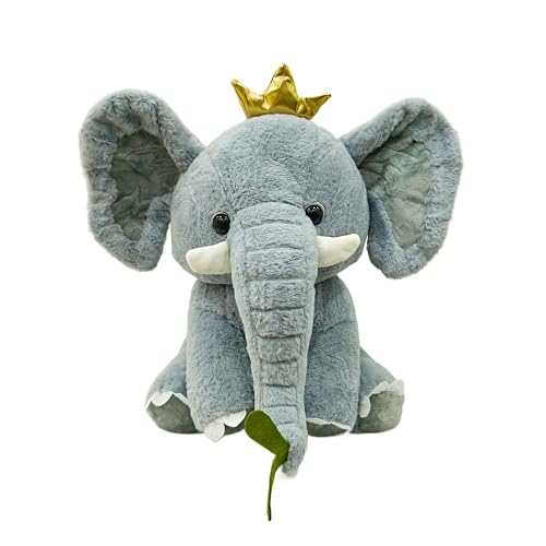Image of Crown Elephant Soft Toy with Golden Crown - 40cm Plush Stuffed Animal Grey Elephant with Cute Eyes - Cuddly Gift for Kids, Toddlers, Boys, Girls Birthday, Valentine Gift, Decor