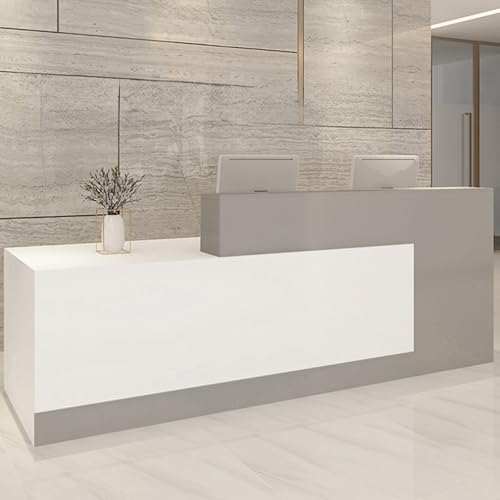 Moderno escritorio de recepción con cajones con cerradura, elegante mobiliario de oficina para recepción y venta al por menor, funcional 140 cm, acabado gris, diseño elegante para espacios de negocios