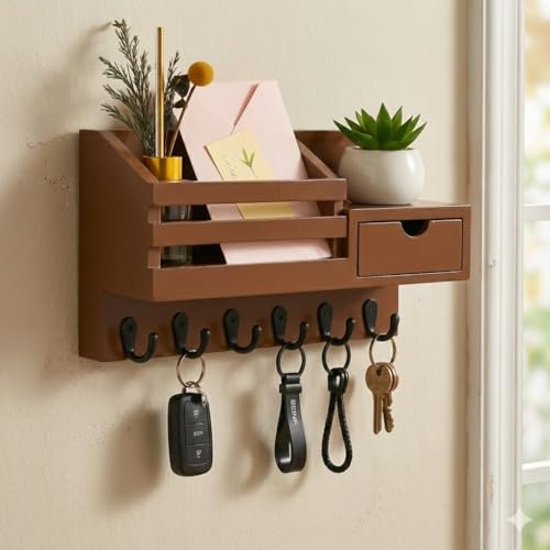 Image of Wooden Wall Mounted Key Holder with Hooks and Organizer Shelf Wall Rack for Letters Wallets and Accessories Home and Office Wall (Brown, Drawer Organizer - 35.5 x 9 x 23 cm)
