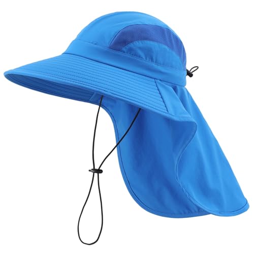 Home Prefer UPF 50+ Sun Hats for Men Women Wide Brim Fishing Hat with Neck Flap UV Protection Sunblock Safari Bucket Hat (Bright Blue)