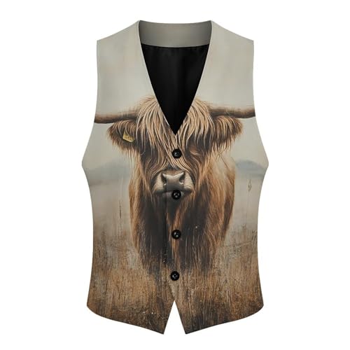 Highland Cow Print Men's Suit Vest Slim Fit V-Ncek Waistcoat Business Casual Vest4