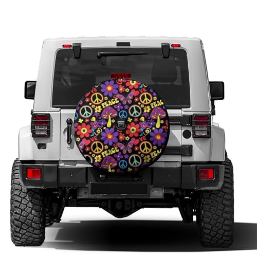 Image of Delerain Spare Tire Cover with Backup Camera Hole Colorful Hippie Print Wheel Covers Sun Protection Waterproof for Truck RV Trailer SUV and Many Vehicle (14 Inch for Diameter 23 inch-27 inch)