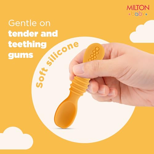 Image of MILTON baby Silicone Tumbler with Spoon I Baby & Toddler Training Cup & Spoon I BPA Free -100% Food Grade I Weighted Base to Prevent Tip-Overs I Anti Slip Bottom I Gentle on Tender Gums I Orange
