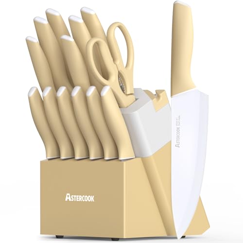 Image of Astercook Kitchen Knife Set with Block and Sharpener 15 Piece Knives Set German High Carbon Stainless Steel Knives Sharp Blade Dishwasher Safe Deba Knives with Ergonomic Handle