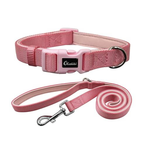Olahibi Set con guinzaglio e collare per cani, resistente in nylon con morbida imbottitura in neoprene, per cani di taglia grande (L, rosa chiaro)