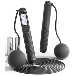 UMAY Fitness Quiet Smart Ropeless Jump Rope – 3 in 1 Set, Counting Feature, 118” Tangle-Free Steel Cable, Weighted Iron