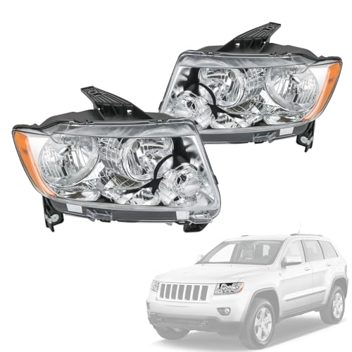 RUIANOMG Headlights Assembly Replacement For Jeep Grand Cherokee 2011 2012 2013, Chrome With Amber Reflector