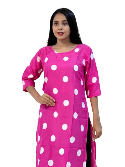 Image of Trendy Kurti|Pink Coin Printed 3 /4 Sleeve Kurti|Fashionable Dress|Poly Crepe Polka Dot Knee Length Girls Short Kurti|Boat Neck Dress for Daily, Casual Wear