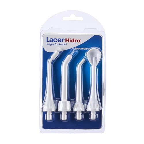 LACER HIDRO - Pack 4 Recambios para Irrigador Bucal Hidro Advanced, Cepillo Irrigador Dental, Limpiador Lingual y Subgingival, Cepillo Eléctrico, Irrigación bucal y Masaje de Encías, Limpieza Profunda
