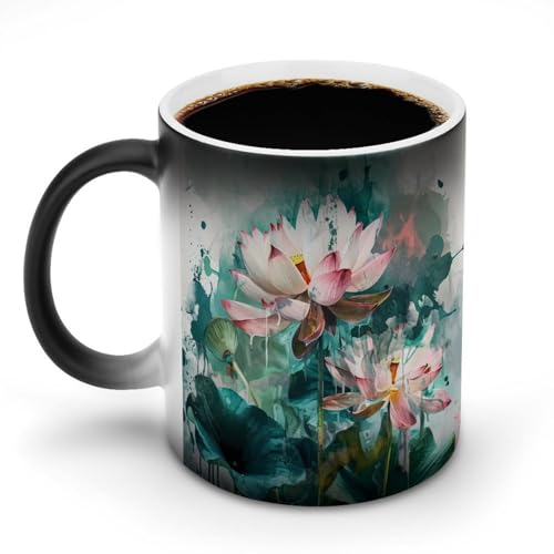 ほっそりと咲く蓮の水墨画マグカップ 変色カップ 中国風の水墨画 魅力的な花 コーヒーカップ 高級 おしゃれ 人気 誕生日プレゼント ギフト 贈り物 彼女 妻 友人 家族 愛する人への素敵なプレゼント バレンタインデー 結婚記念日 プレゼント 350ml