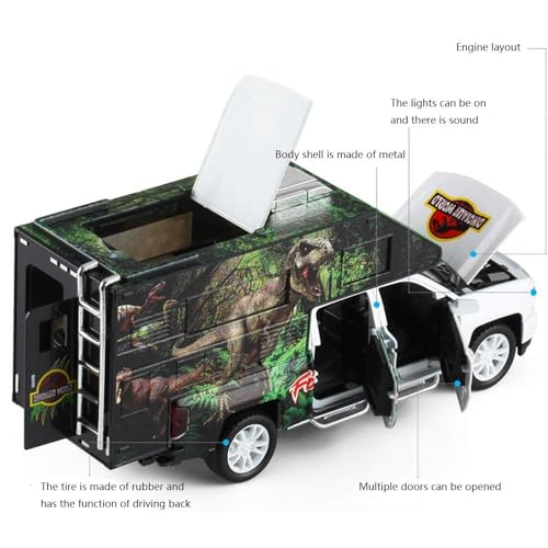 Image of DEUSON ECOM Die Cast Metal Car Jurassic Dinosaurs World 1:32 Diecast Car Model Transport Truck Light Sound Openable Door Pull Back