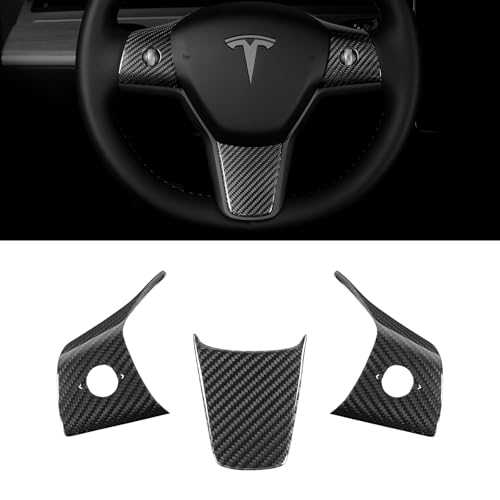 Leeiion Steering Wheel Trim Cover 3PCS for 2017-2023 Model 3&Y,3K Toray Dry Carbon Fiber Interior Accessories Compatible with Tesla Model 3&Y(Glossy Black)