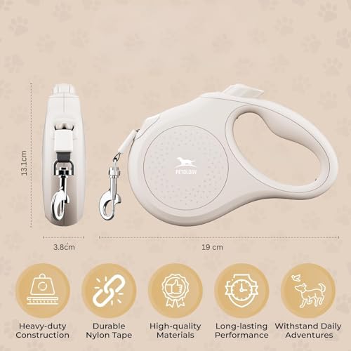 Image of Petology Retractable Dog Leash | 5 Meter (16ft) Nylon Tape | for Dogs Upto 25kgs | Heavy Duty Rope, 360 Tangle-Free, One-Hand Brake & Lock System, Anti-Slip Comfortable Grip