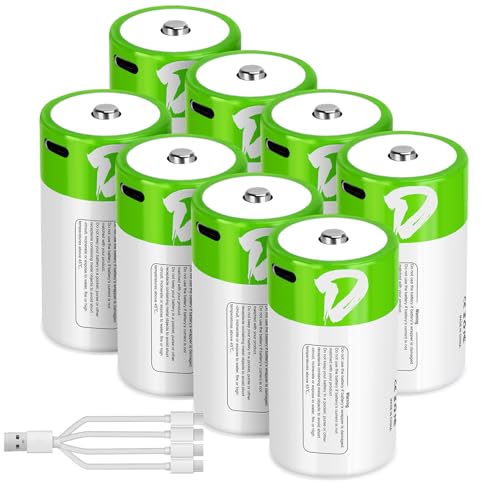 letoom D Batteries Rechargeable 8 Pack with4 in 1 USBC Charging Cable D Size Cell Lithium Batteries 7500mWh 1.5V for Flashlights, Toys, and Floodlights