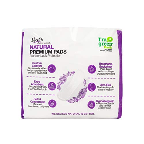 Veeda Natural Premium Incontinence Pads for Women - Ultra-Thin Pads with Wings for Bladder Leakage Protection - Unscented Feminine Pads with Maximum Absorbency, Long Length - 14 Count