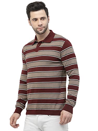 Image of Kalt Men Full Sleeve Multi Color Designer Striped Cotton Blend Polo T-Shirt with Collar Stylish