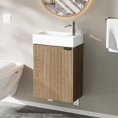 Ztexkee Lavabo con Mueble de Baño, Juego de Muebles de Baño Pequeño para Invitados, Nogal, (no Incluido Grifo) (Madera Natural, 40 x 22 x 58 cm)