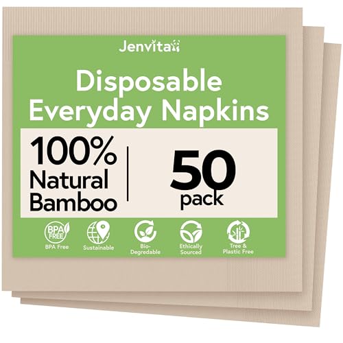 Jenvita Everyday 100% Bamboo Biodegradable Napkins (50-Pack) | Lunch Napkins Disposable for Dinner, Lunch, Events, Occasions & Entertaining | 2-Ply FSC Certified | Bamboo Paper Towels | 6.5 x 6.5 Inch