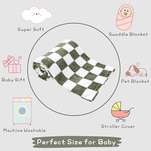 Image of Yurhap Checkered Baby Blanket Fleece Baby Blankets for Boys, Ultra Soft Cozy Fluffy Infant Toddler Newborn Receiving Blankets for Crib Stroller, 30''x40'', Dark Olive