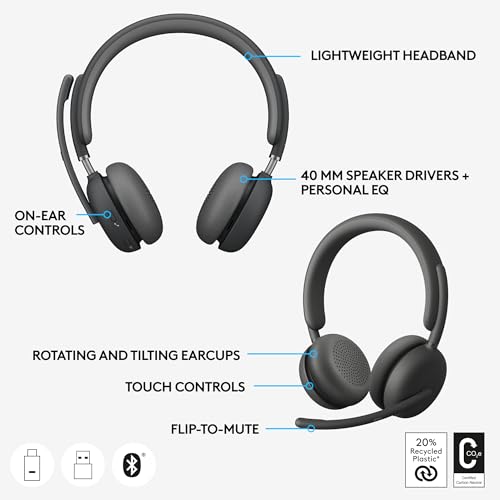 Image of Logitech Zone Wireless 2 Premium Noise Canceling Headset with Hybrid ANC, Bluetooth, USB-C, USB-A, Certified for Zoom, Google Meet, Google Voice, Fast Pair, Engineered for Intel Evo laptops, Graphite