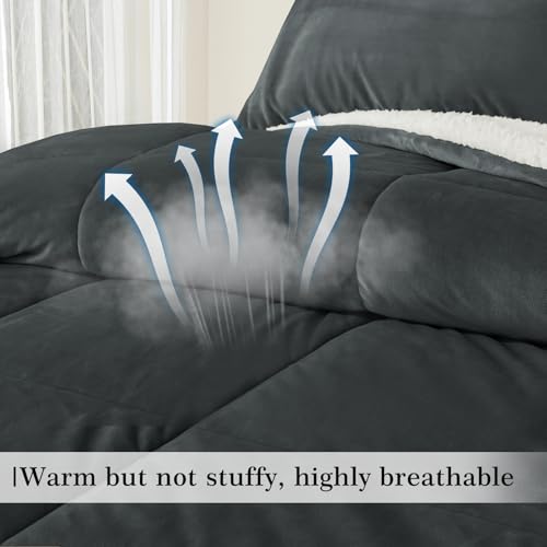 Image of MERITLIFE Fluffy Sherpa King Size Bedding Comforter Sets King Comforter Set-3 Pieces Bed in a Bag Dark Grey Soft Comforter and Pillowcase Luxury Warm Bedding Set for Winter