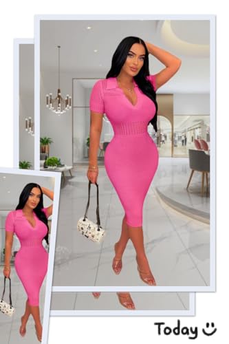 Image of Women's Fashion Sexy Elegant Comfortable Fit Vital V-Neck Knitted Short Sleeve Dress