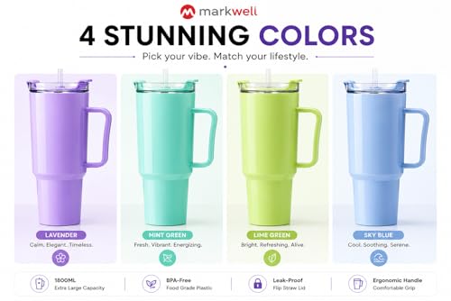 Image of MARKWELL 1800ml Large Capacity Plastic Tumbler with Handle & Straw, BPA-Free Reusable Water Sipper Cup with Flip Lid, Spill-Resistant Travel Mug for Gym, Office, College & Daily Use, Multicolour
