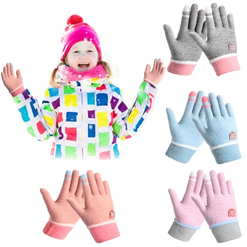 Berlune 4 Pair Kids Fleece Gloves Children Full Finger Knit Warm Soft Toddler Stretchy Winter Gloves for Boy Girl 4-8 Years