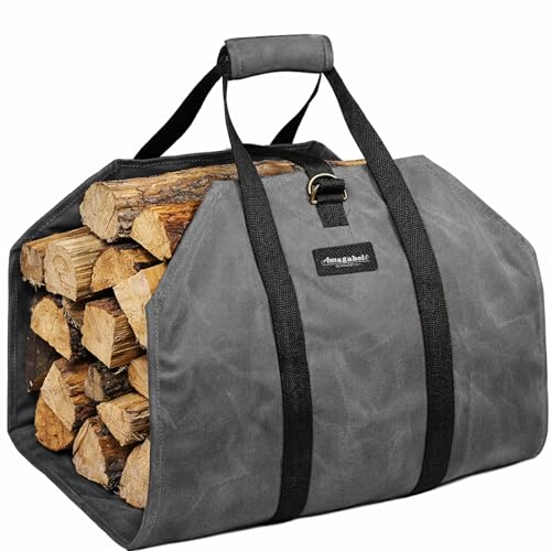 Amagabeli Firewood Carrier Waxed Canvas Log Tote Carrying Bag Heavy Duty Fire Large Wood Fireplace Carrier Bag with Handles for Camping Firewood Log Holder Wood Sling Cabin Stove Accessories Grey