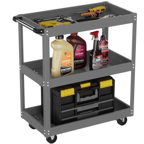 ALANNG Rollender Werkstattwagen, Schwerer Werkzeugwagen mit 3 Tabletts, Metall Servicewagen für Garage & Werkstatt, Grau