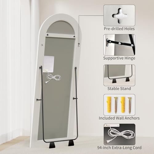Image of Koonmi LED Arched Full Length Mirror, 63 inchx20 inch Full Length Mirror with Lights, Lighted Floor Mirrors with Stand, Full Body Mirrors with Dimming & 3 Color Lightingfor Living Room Cloakroom, White
