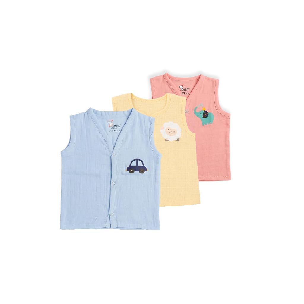ZAMB-BO Organic Crinckled Cotton Muslin Front Open Jabla |Cest Print Jhabla | for Newborn & Infants | All Season wear Jabala Baby Products | Sleeveless Vest | Assorted Pack of 3| Size -0-3 Months-picture-48