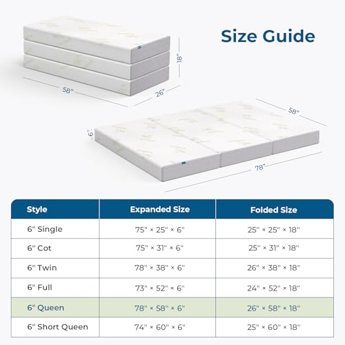 Image of Inofia Queen Foldable Mattress, 6 Inch Trifold Memory Foam Mattress