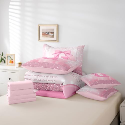 Image of Feelyou Kids Pink Bowknot Bed in A Bag Full Size, Personalized Initial G Comforter Set with Sheets Princess Glitter 7 Pieces Bedding Set Boys Girls Bow Alphabet Teens Bed Set Bedroom Decor 7Pcs