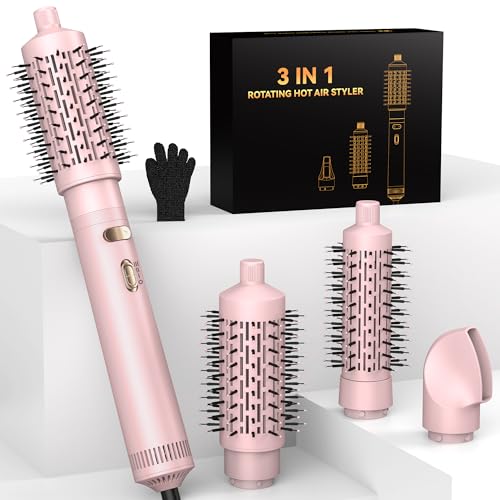 4 in 1 Rotating Hair Dryer Brush Spinning with Detachable Brush(2' & 1.5'),Negative Ionic Brush Blow Dryer 100-120V,3 Heats and 2 Speeds Rotating Hot Air Brush for Curling,Straight,Drying