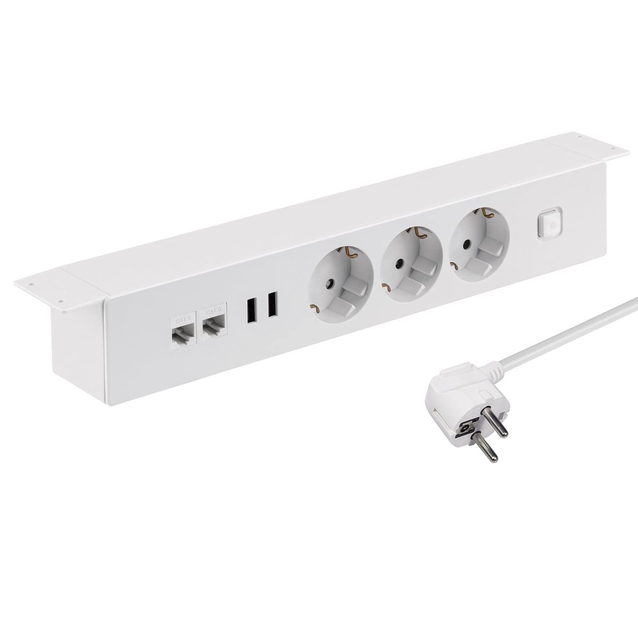 Aluminium Office Steckdosenleiste 3-Fach, USB-A, Internet CAT6 LAN